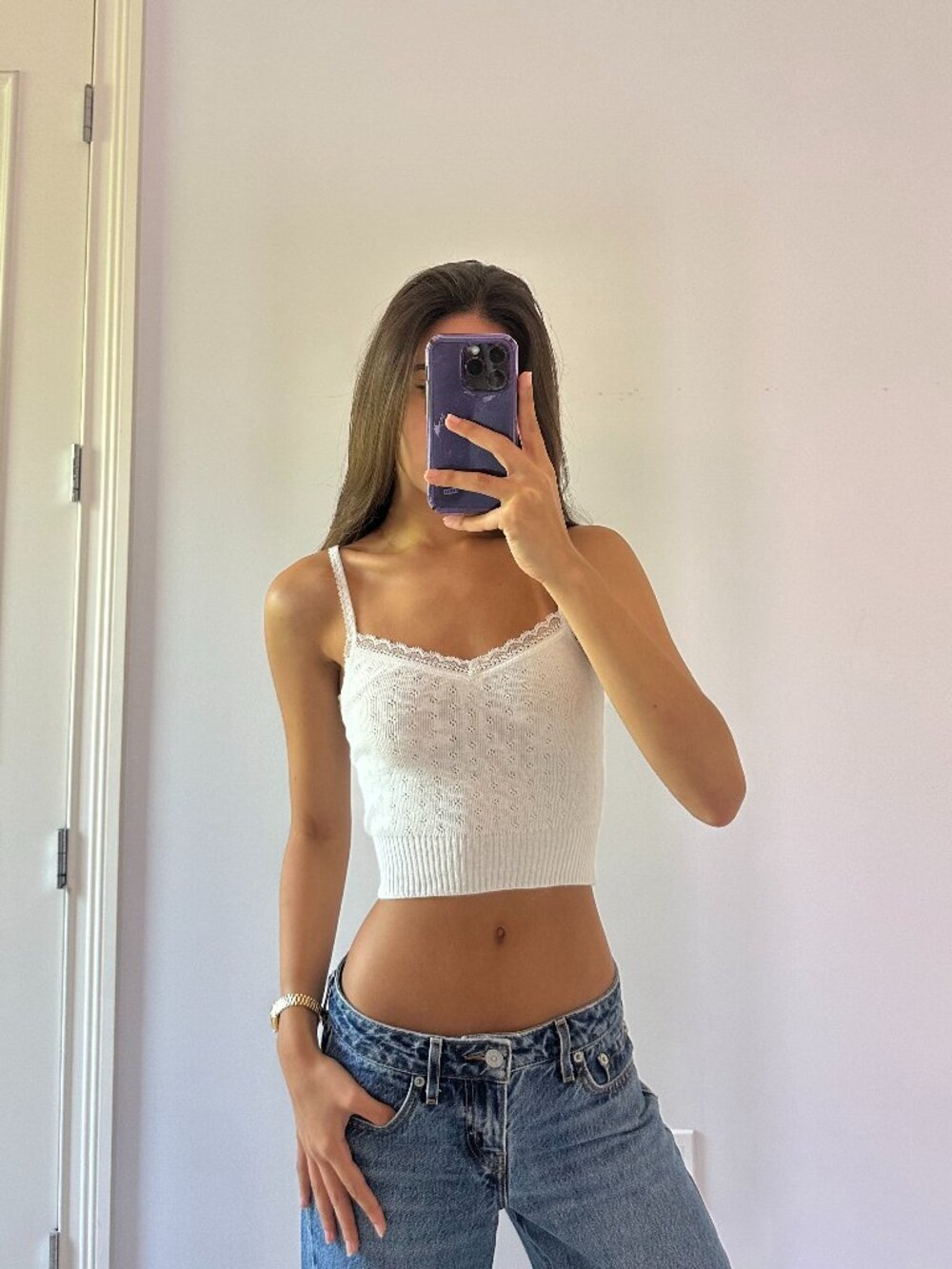 Brandy Melville White Knit Lace Trim Tank